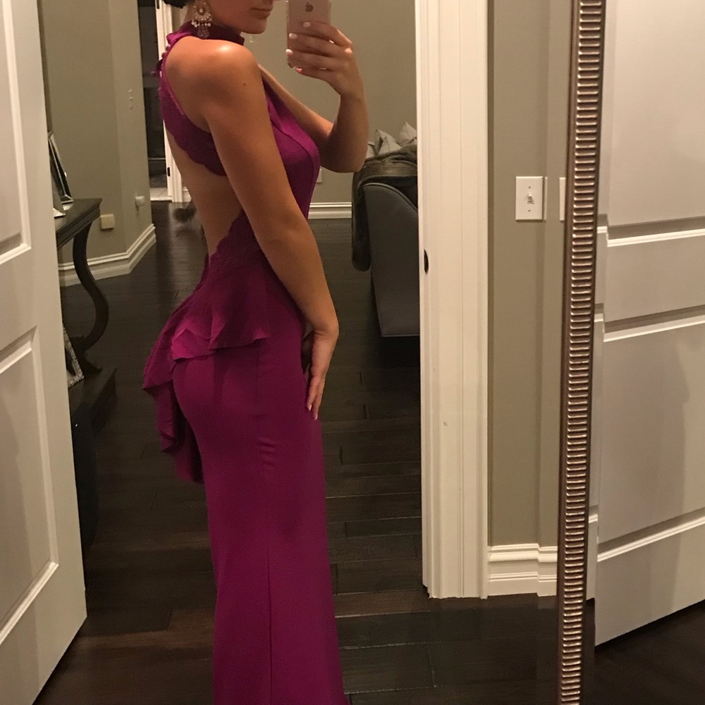 Low back/high neck ruffle gown HOMECOMING